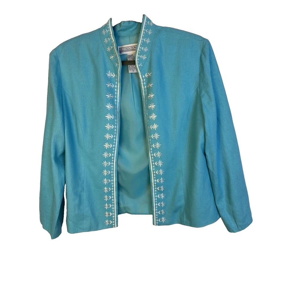 Jessica Howard Women's Sz 10 Aqua White Embroidery Linen Open Front Jacket VTG